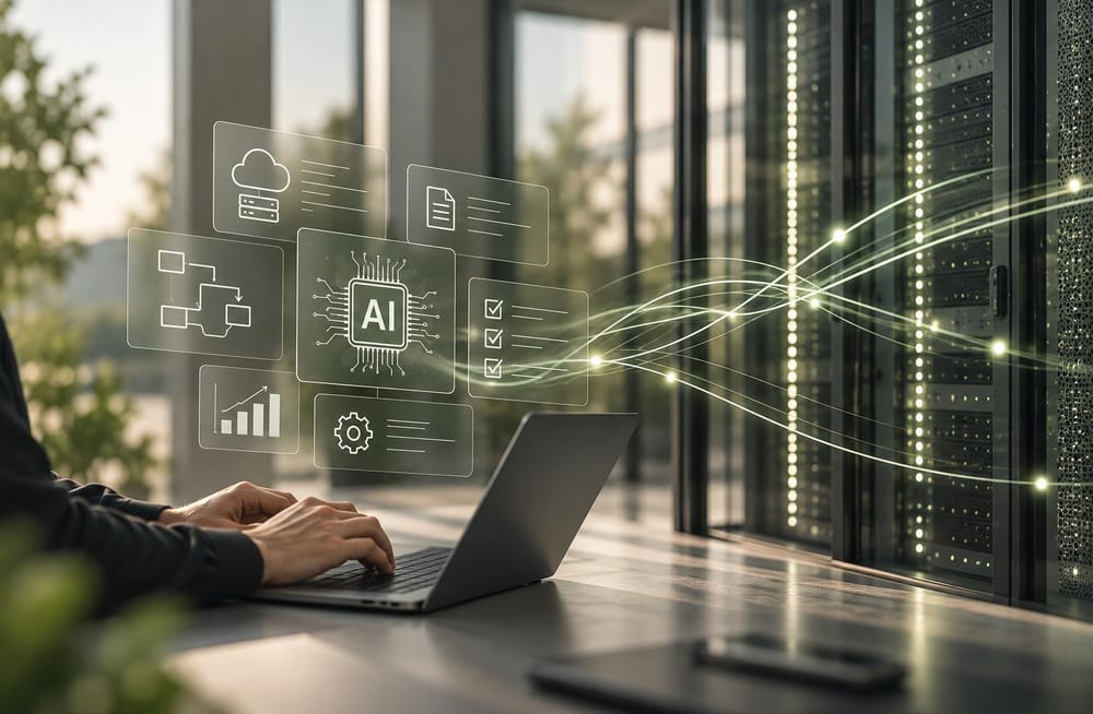 Person am Laptop mit KI-Symbolen vor Serverschränken